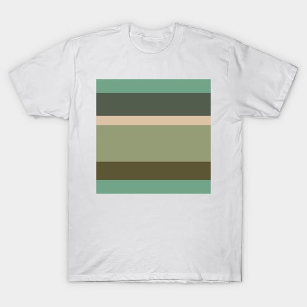 An exquisite patchwork of Soldier Green, Dark Vanilla, Grey/Green, Greyish Teal and Ebony stripes. T-Shirt by Sociable Stripes